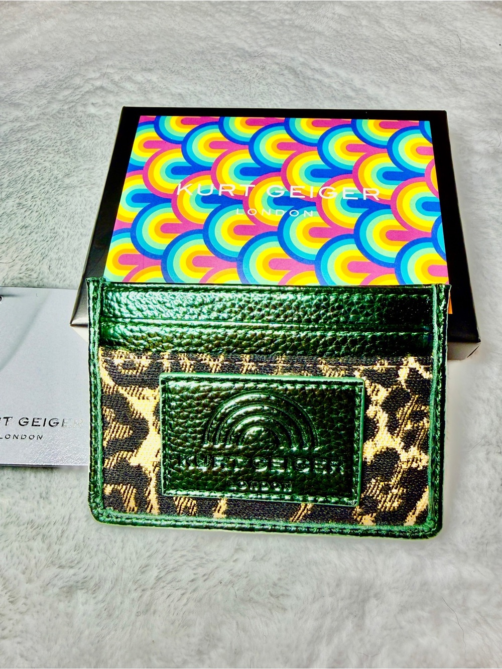 Kurt Geiger Metallic Green Leather & Leopard Print Card Holder NWT